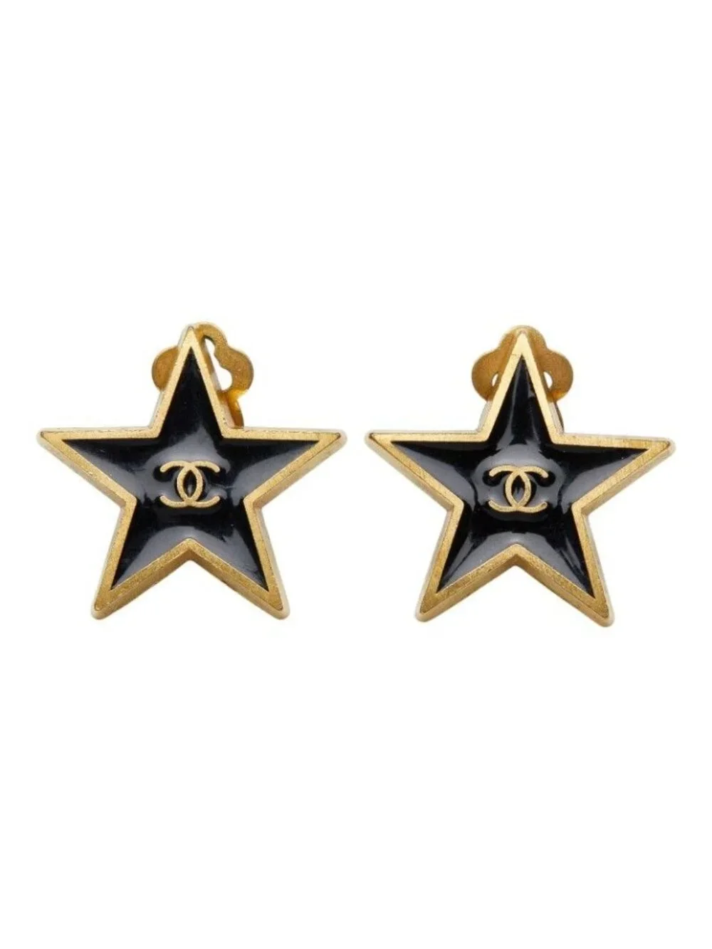 Chanel CC Logo Star Motif Earrings 01 Black Gold Plated